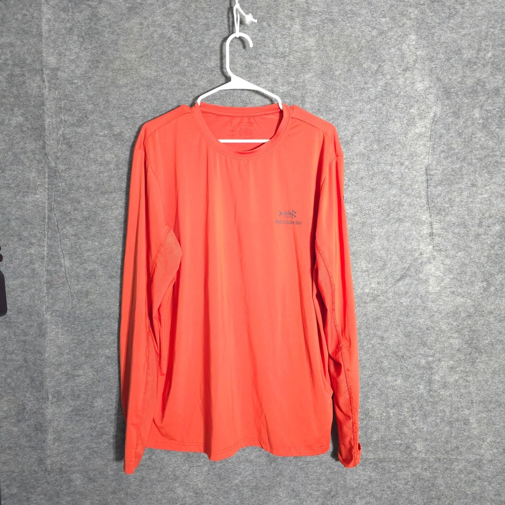 Bassdash Fishing Shirt Mens L Orange Long Sleeve Mesh Back Performance Graphic